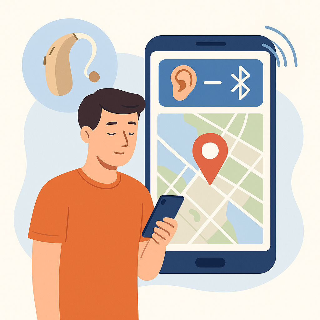 A person using a smartphone with a map to Find My Hearing Aids and locate their lost hearing aids quickly.