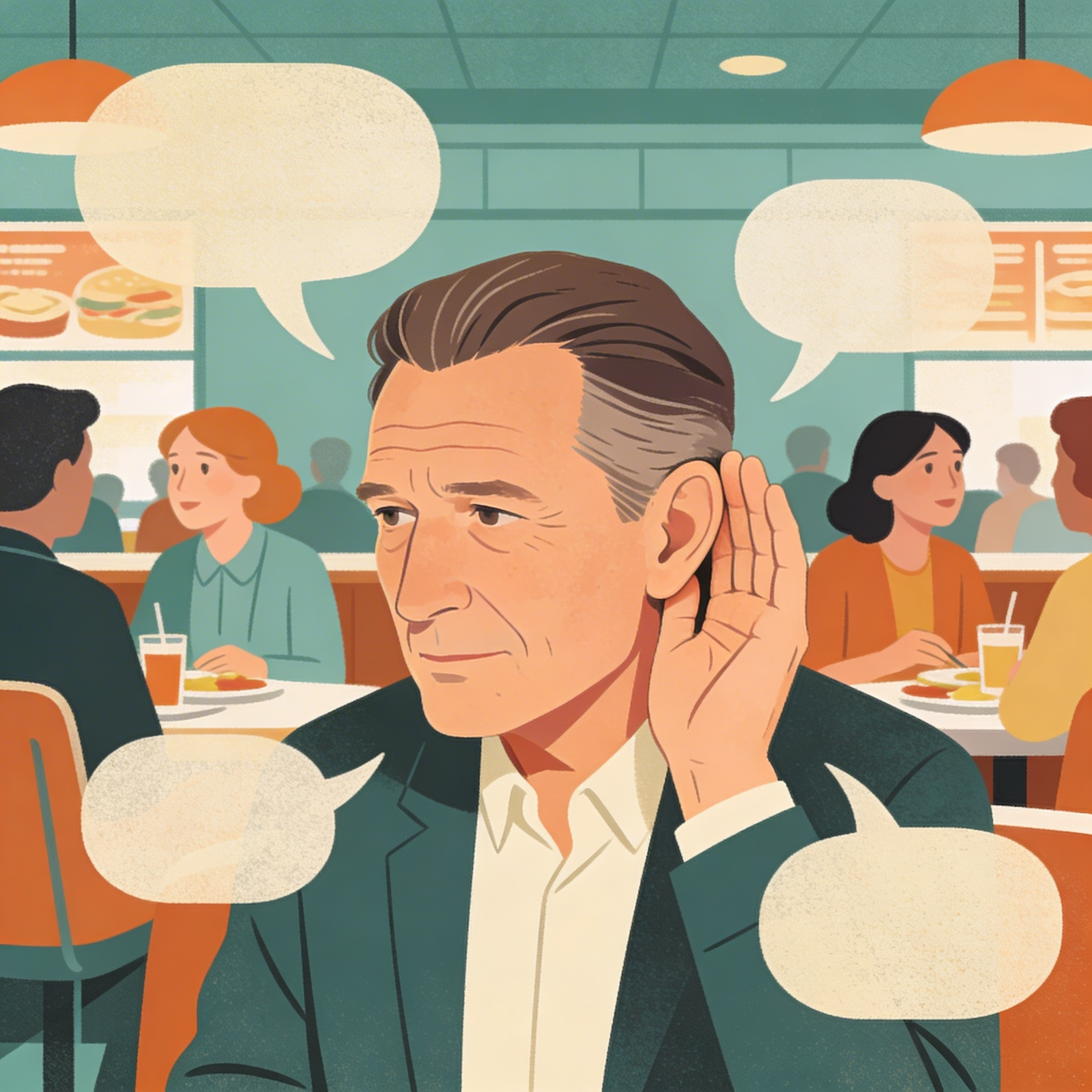 A man in a restaurant listening intently, illustrating the benefits of Over-the-Counter hearing aids.