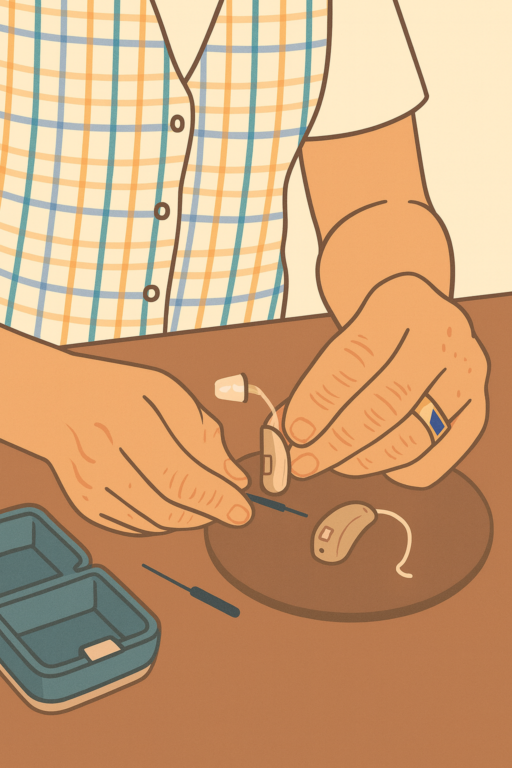 Person cleaning hearing aids as part of the Ultimate Guide to Cleaning and Caring for Hearing Aids.