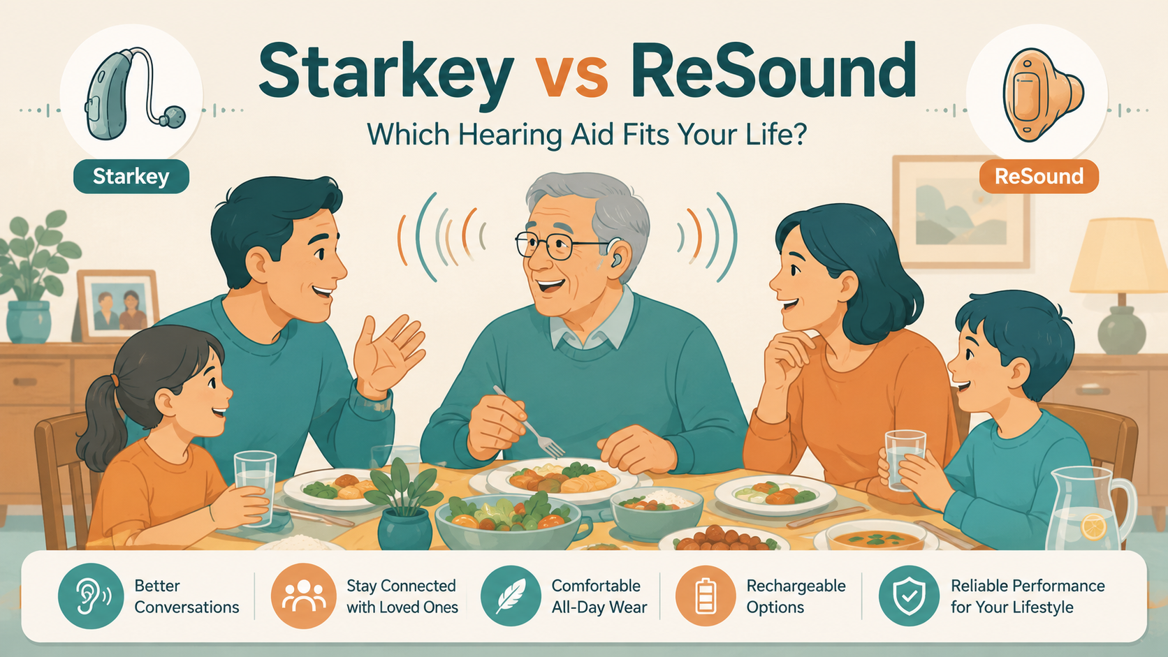 Starkey vs. ReSound image depicting a family discussing hearing aids at dinner.