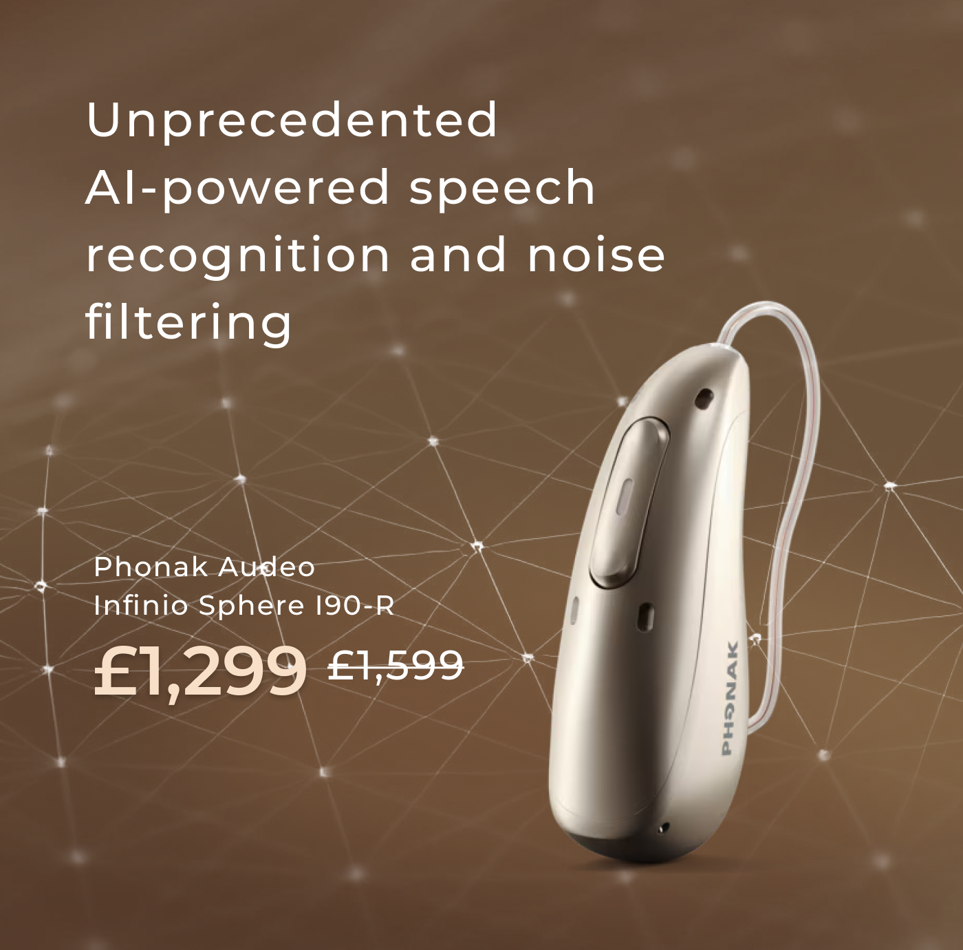 Phonak Audéo Infinio Sphere I90-R mobile banner showing the hearing aid, discounted price, and promotional text on a brown gradient background.