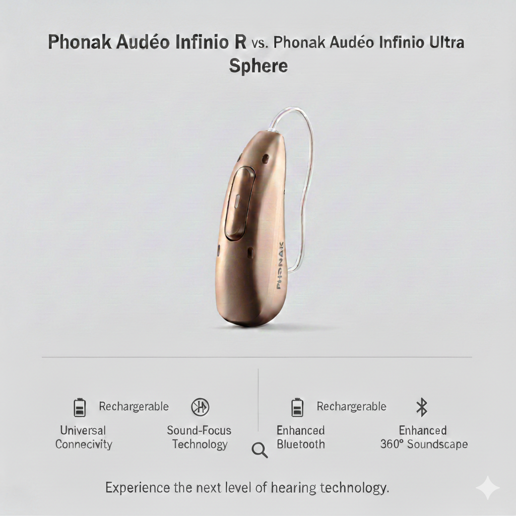 Phonak Audéo Infinio Ultra vs. Ultra Sphere comparison image highlighting features and design.
