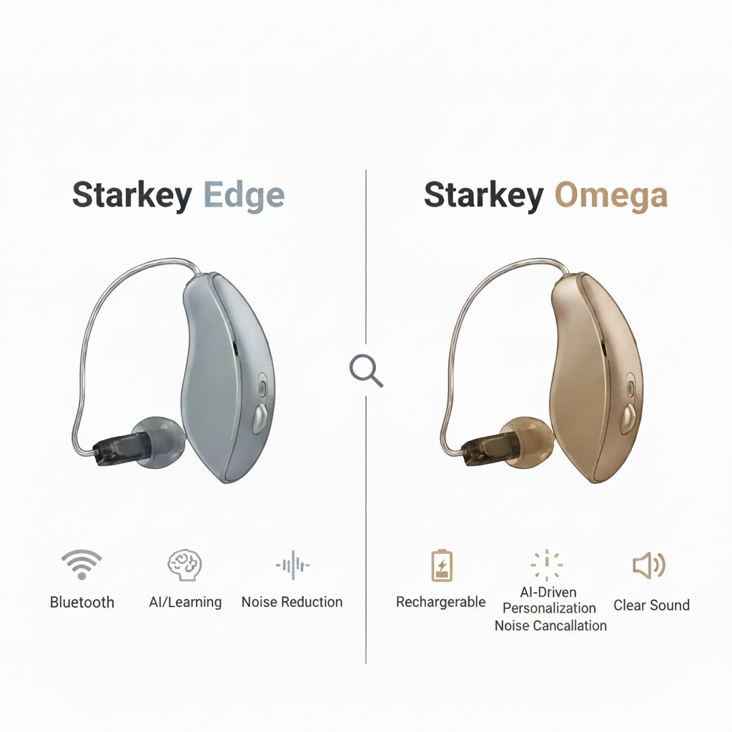 Starkey Edge AI vs Omega AI hearing aids with features like Bluetooth, AI, and noise reduction.