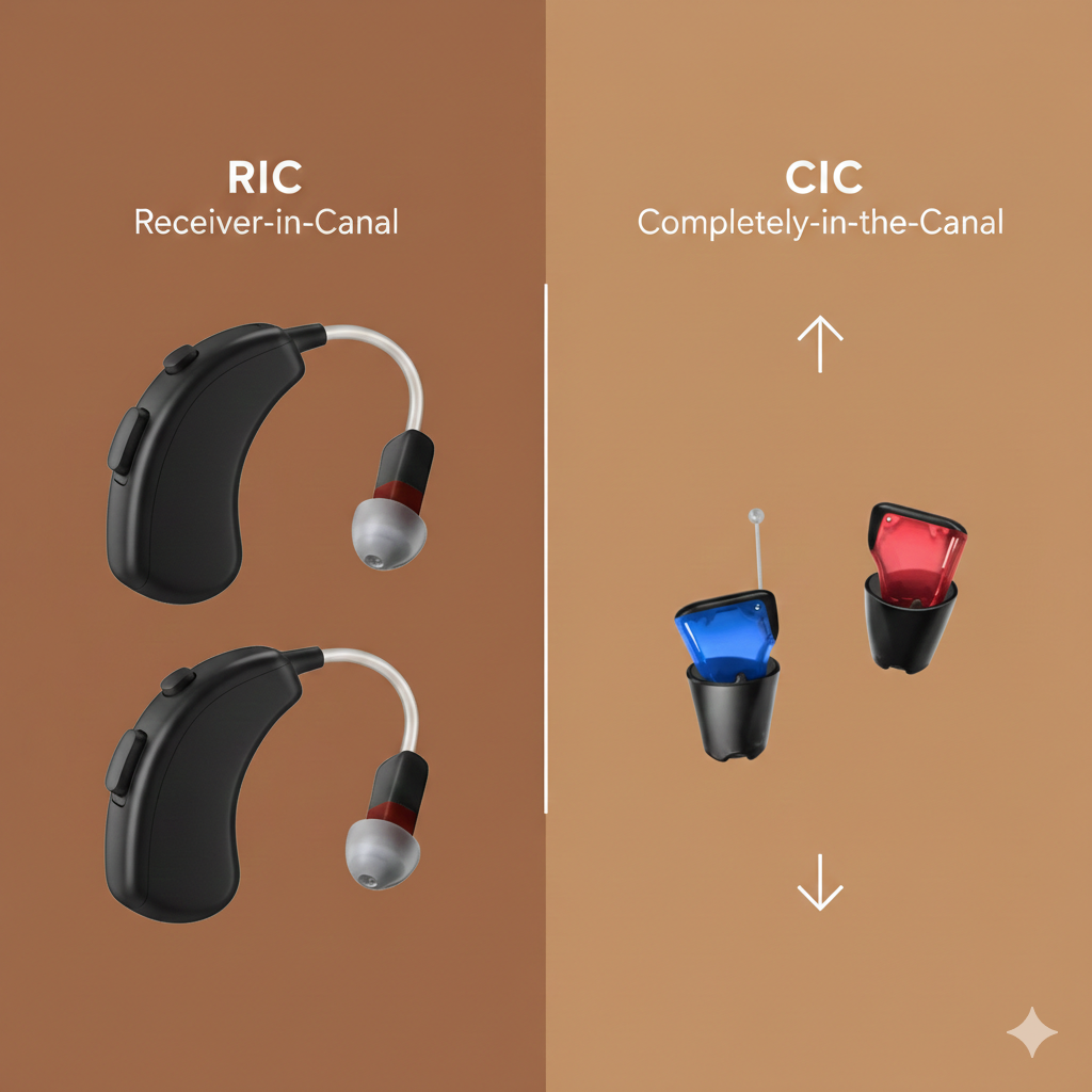 RIC vs CIC Hearing Aids comparison showing Receiver-in-Canal and Completely-in-the-Canal designs.