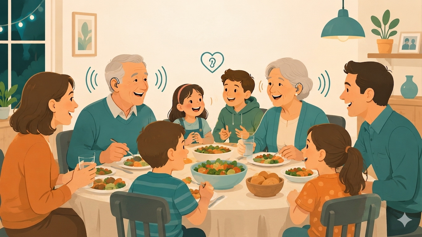 Oticon vs. Widex: Which Hearing Aid Brand Is Right for You? family enjoying dinner with hearing aids