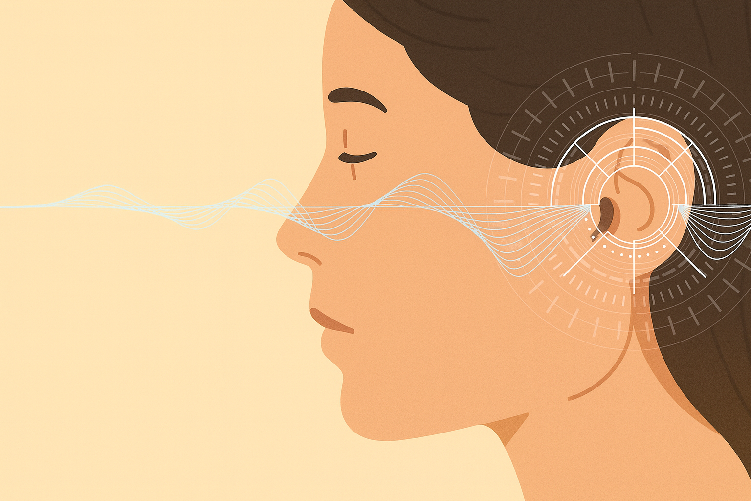 Illustration representing the Latest Hearing Aid Technology with sound waves and a woman's profile.