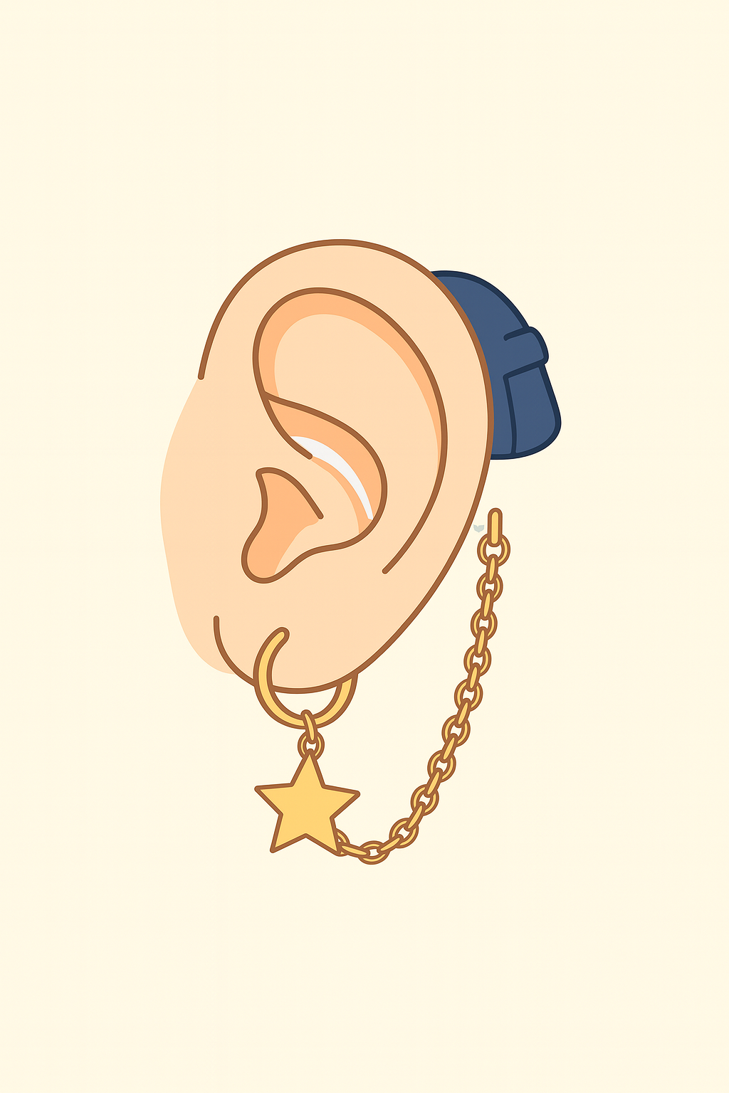 Illustration of an ear adorned with a star-shaped earring, highlighting the trend of Lifestyle & Hearing Aids.