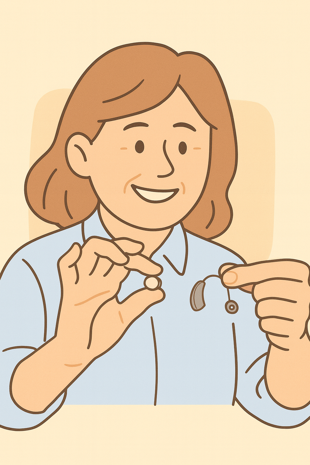 Woman comparing rechargeable hearing aids vs battery powered hearing aids in a friendly illustration.