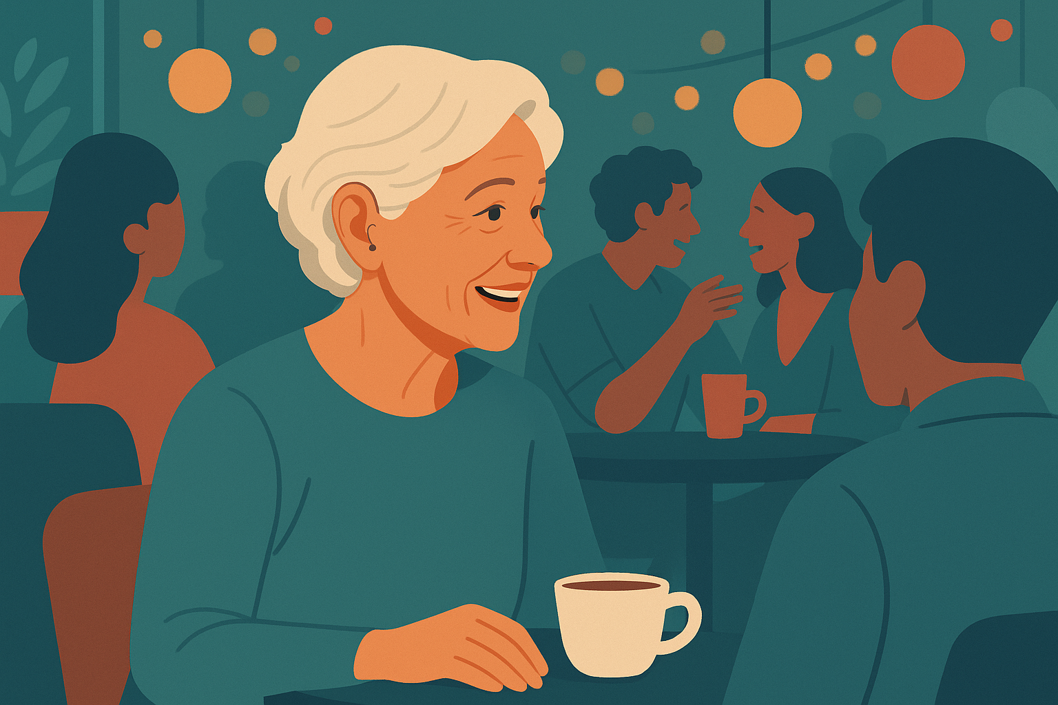 Discover the Phonak Audéo Infinio Ultra Sphere R90 in a lively café setting with engaged conversations.
