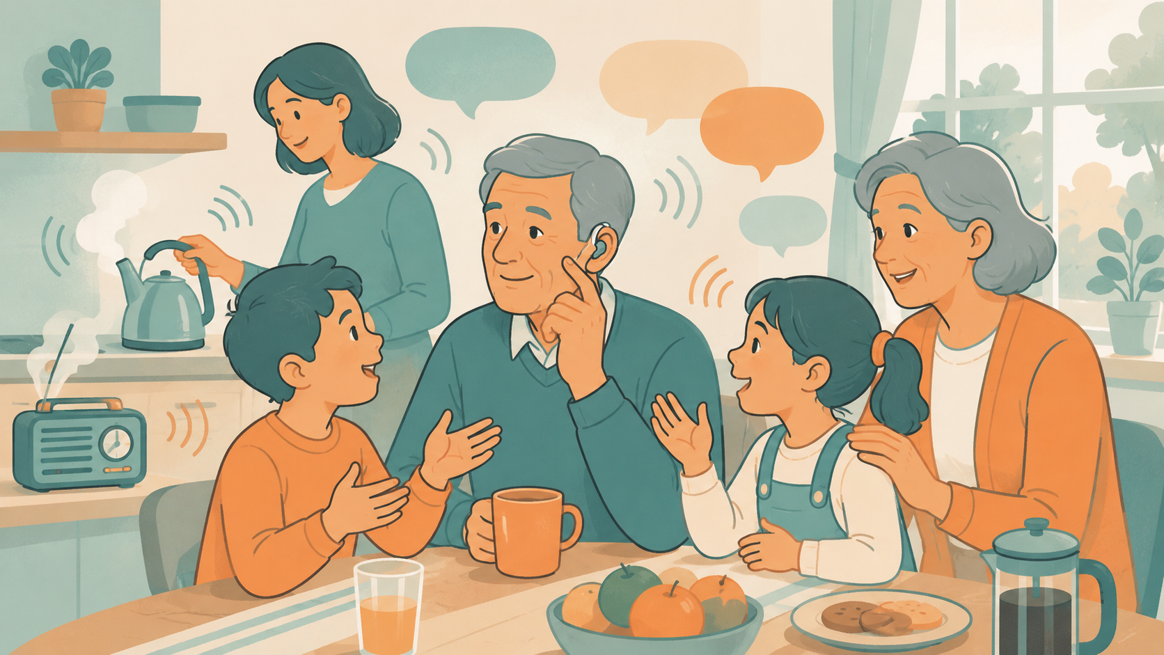 hearing impaired man with hearing aids having lunch with family 