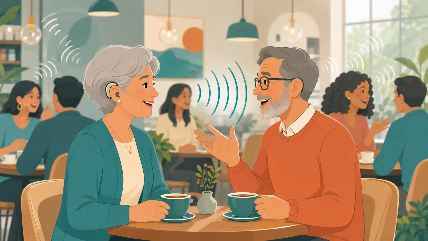 Hearing Aid Features Explained: elderly couple enjoying conversation in a cafe, highlighting hearing aid technology.