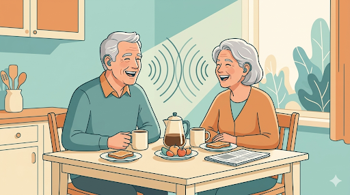 Happy elderly couple enjoying coffee and conversation, illustrating the benefits of Phonak vs Signia hearing aids.
