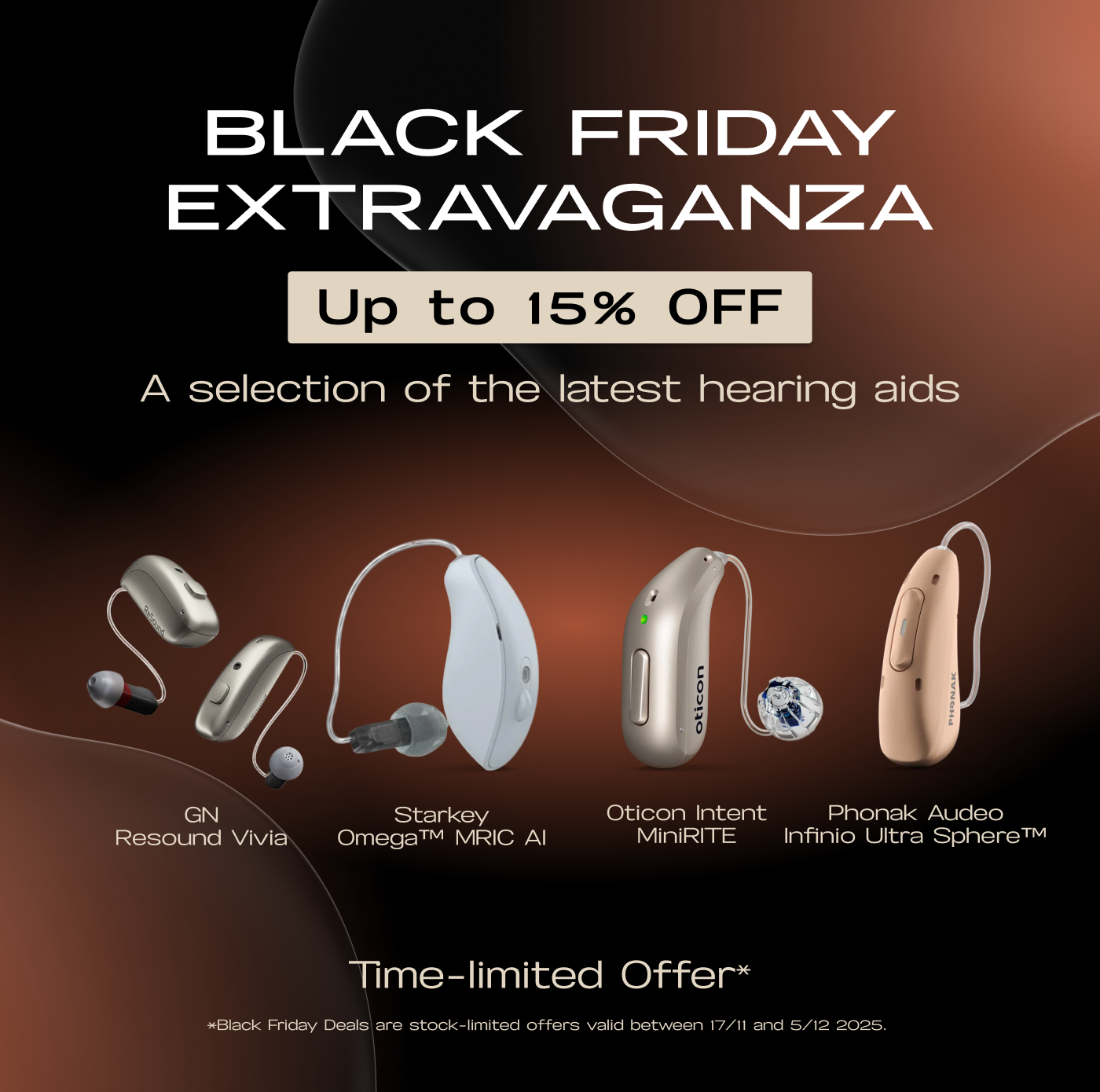 Black Friday banner featuring GN Resound Vivia, Starkey Omega MRIC AI, Oticon Intent MiniRITE, and Phonak Audeo Infinio Ultra Sphere with up to 15% off.