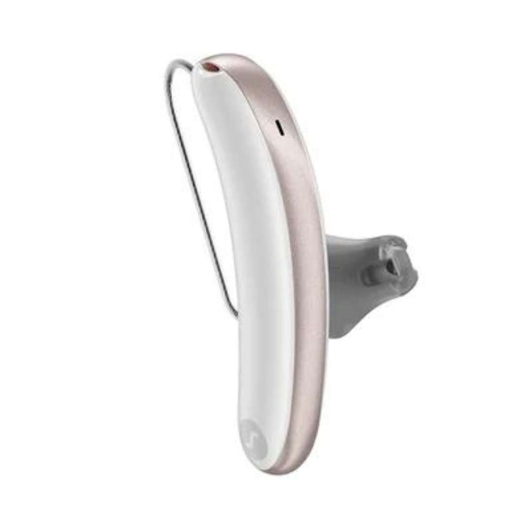 An aesthetic white and rose Signia Styletto 3AX/7AX hearing aid
