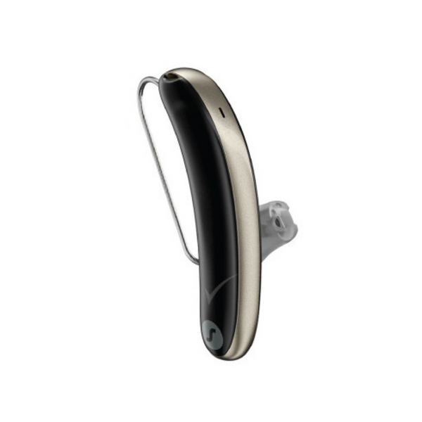 An aesthetic black and gold Signia Styletto 3AX/7AX hearing aid