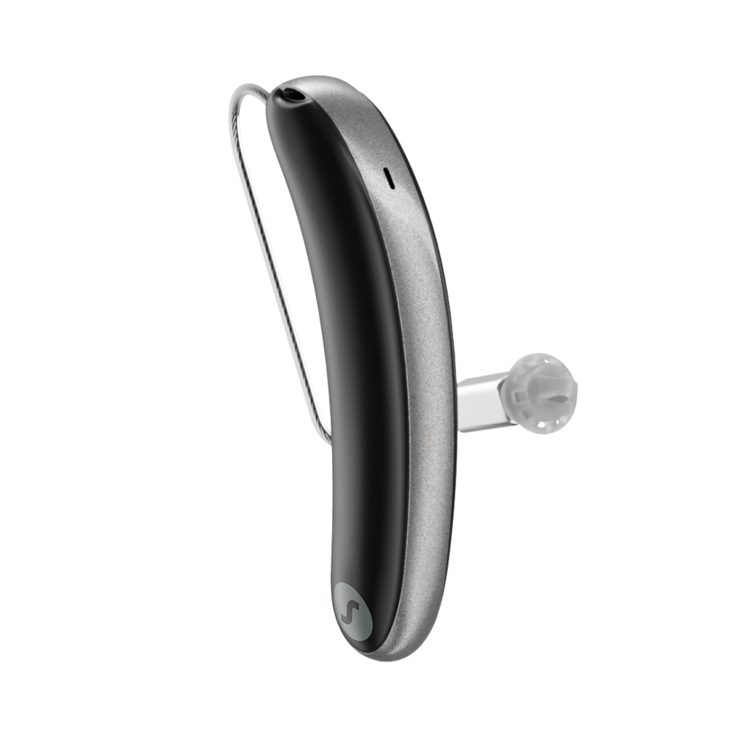 An aesthetic black and silver Signia Styletto 3AX/7AX hearing aid