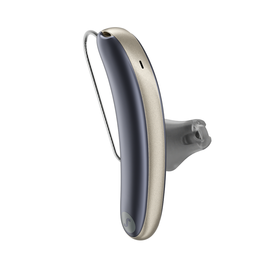 An aesthetic blue and gold Signia Styletto 3AX/7AX hearing aid