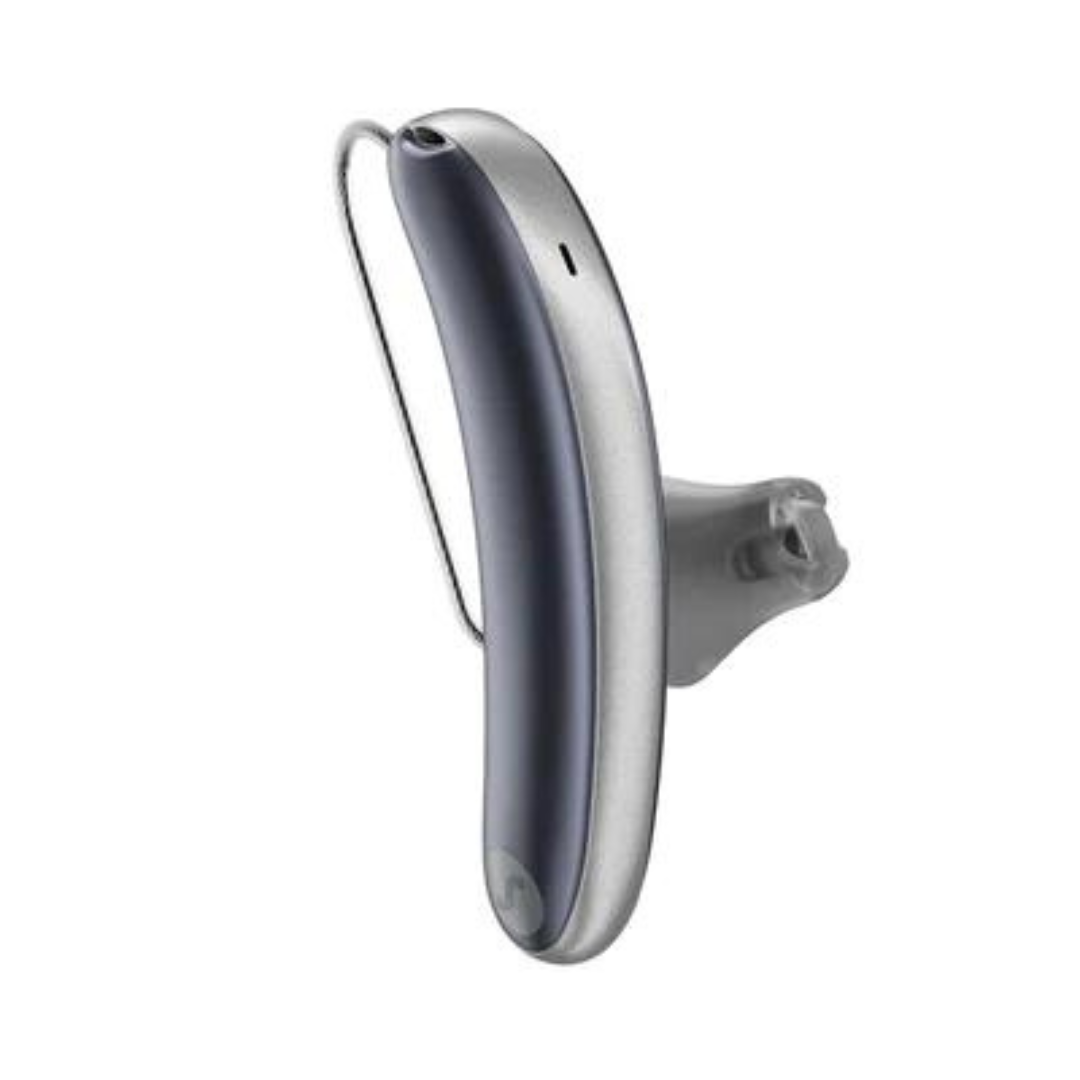 An aesthetic blue and silver Signia Styletto 3AX/7AX hearing aid