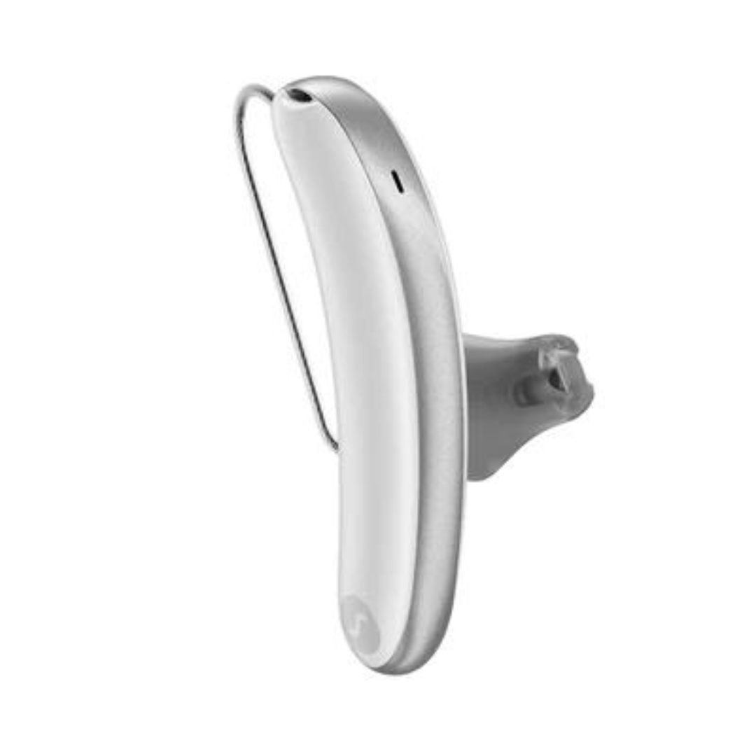 An aesthetic white and silver Signia Styletto 3AX/7AX hearing aid