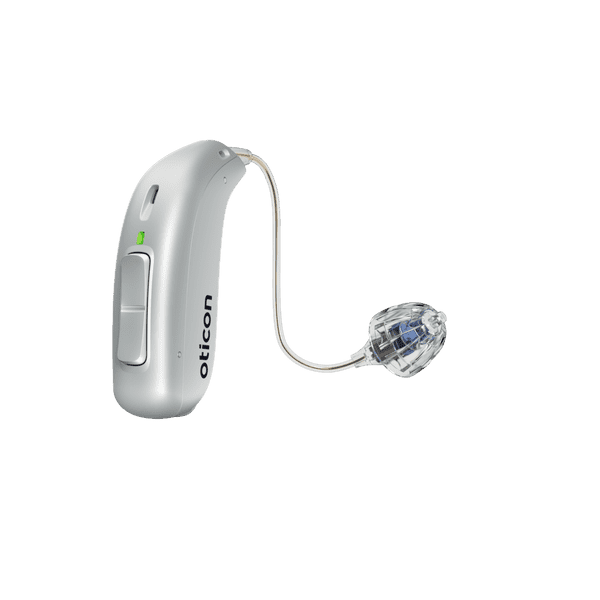Oticon More hearing aid, model miniRITE R, Left Right ear hearing aid, Silver colour, LED green, Speaker 60, Open Bass Dome Hearing Aids with Auzen unlimited service