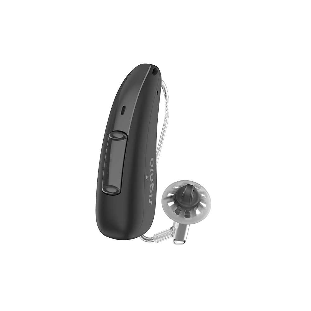 A single black hearing aid, discreet Signia Charge and Go 3AX 7AX