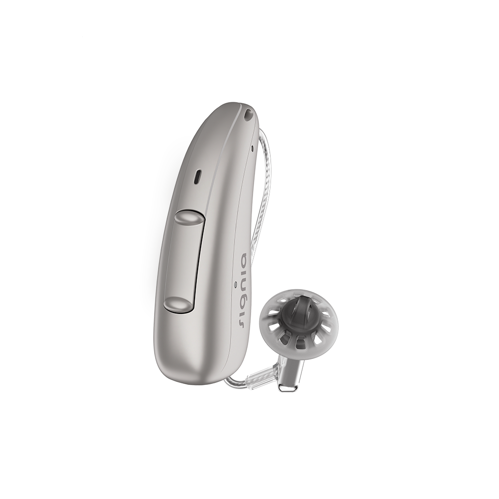 A single champagne hearing aid, discreet Signia Charge and Go 3AX 7AX