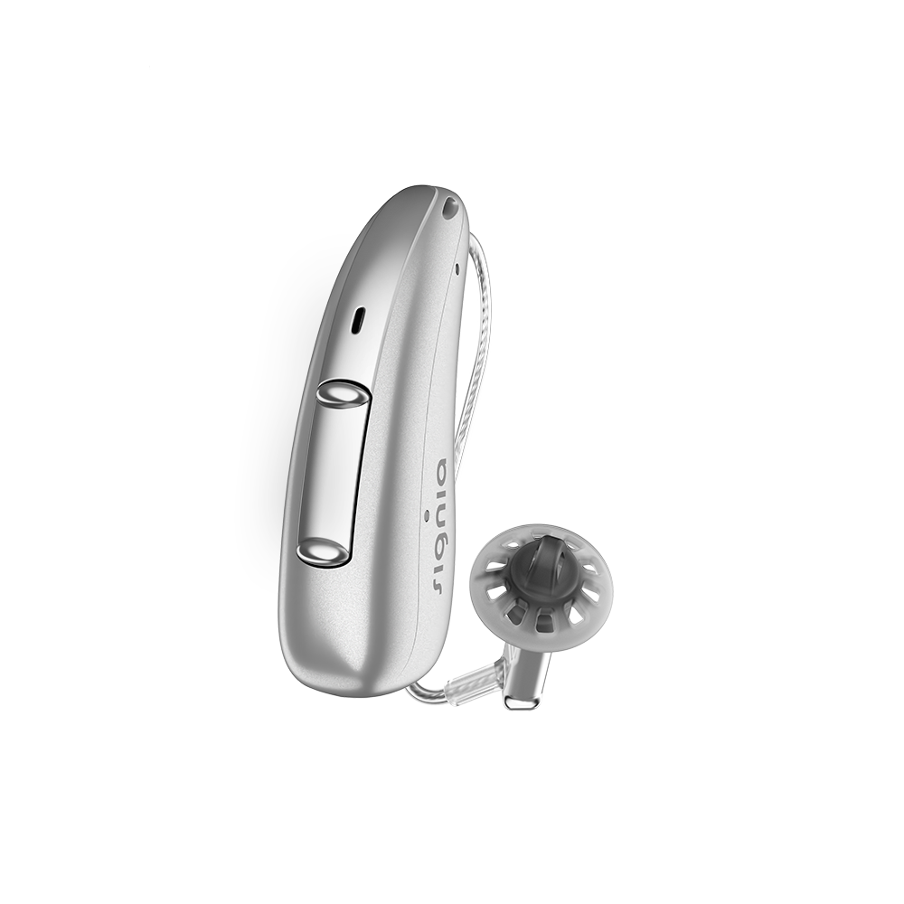 A single silver hearing aid, discreet Signia Charge and Go 3AX 7AX