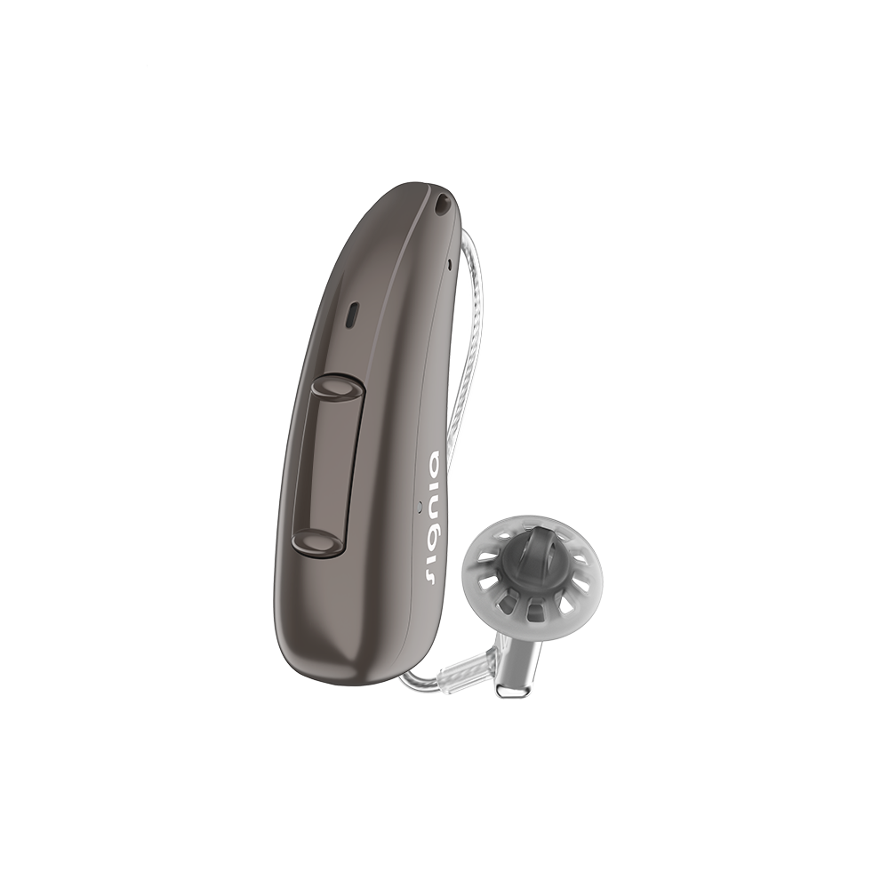 A single deep brown hearing aid, discreet Signia Charge and Go 3AX 7AX